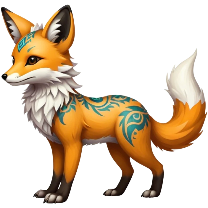 Epic Feral Rare Fantasy shiny cool fluffy Vernid-Trico-Fox-species-hybrid-animal by LiLaiRa, tribal-Art-tattoo-patterns , tufted ears, full body emoji