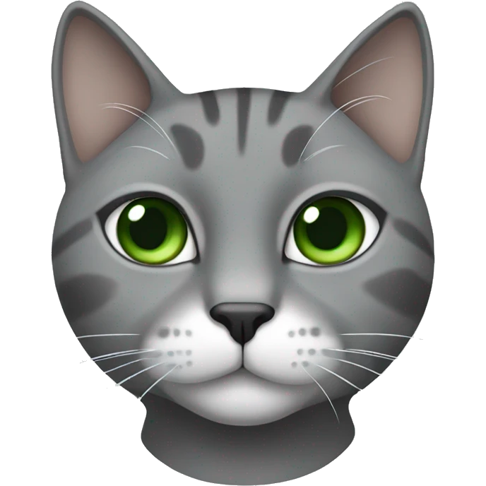 Gray cat with white neck, chin, and nose stripe, green eyes and black nose emoji