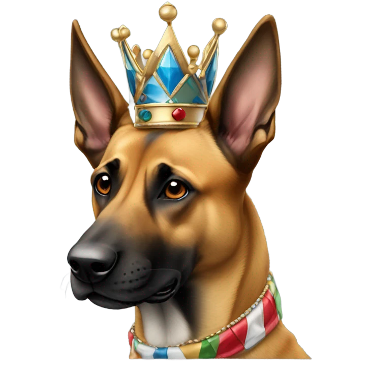 A malinois harlequin color, with a crown on his head emoji