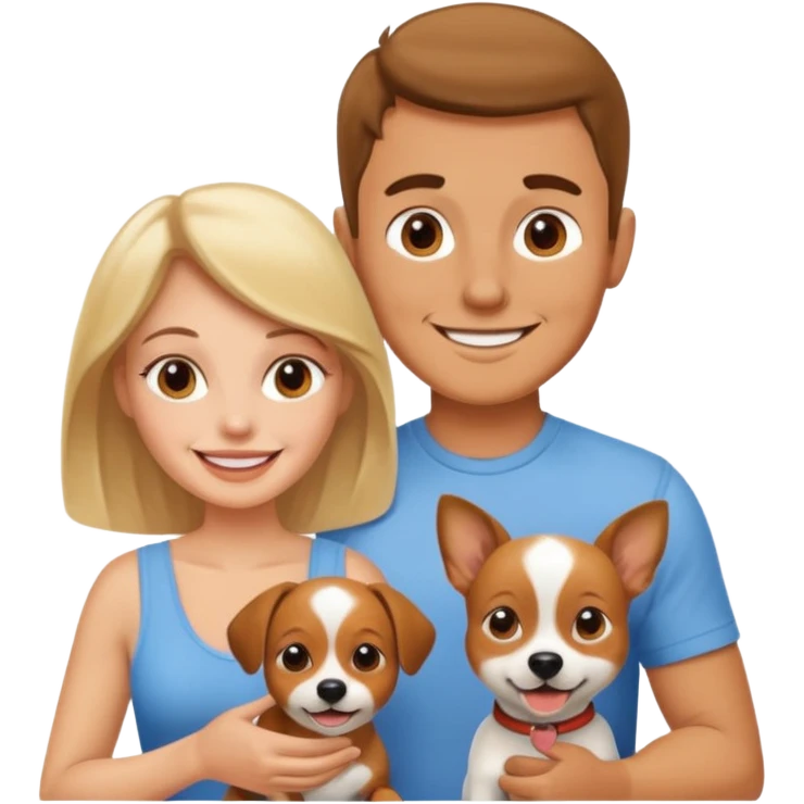 Una mujer blanca y un hombre moreno con un perrito emoji