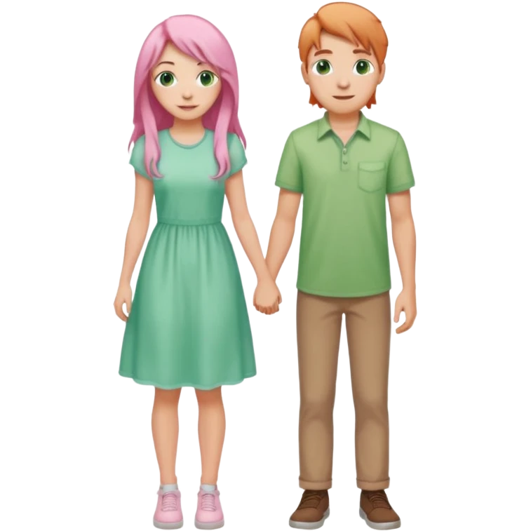 full-length happy couple, girl with long pink hair and green eyes in pastel dress, boy with light brown hair in casual shirt emoji