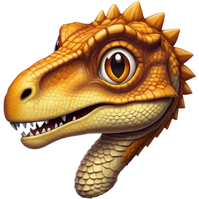 Cinematic Realistic Cute velociraptor/T-rex Portrait Emoji, Head tilted playfully and inquisitively, featuring a compact, slightly rounded build with intricately detailed, textured scales in natural hues and a surprisingly endearing face with bright, curious eyes, rendered with lifelike clarity and warm natural light, high shine, affectionate and quirky, styled with a touch of prehistoric whimsy, soft glowing outline, capturing the essence of a mischievous yet lovable velociraptor/T-rex that seems poised to stomp playfully into your arms! emoji