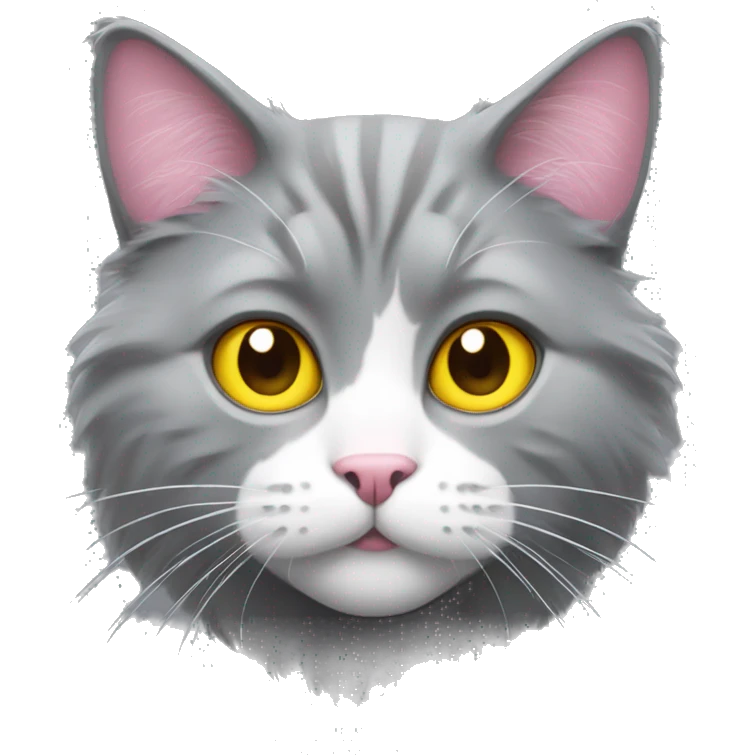 Grey fluffy cat, yellow eye, pink nose, white mouth emoji