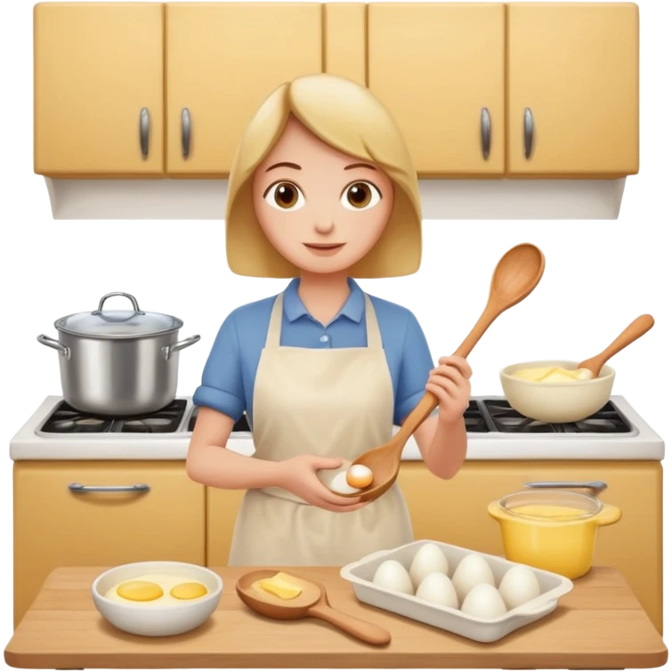 A carton of eggs, butter and a cream ceramic baking bowl with a wooden spoon in it emoji