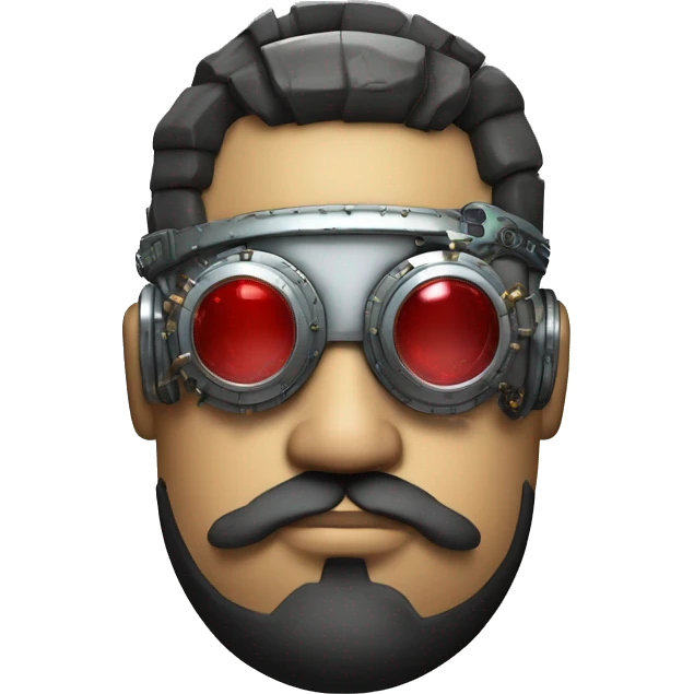 Fat cyborg head with red silver steampunk goggles, black beard and circuits emoji