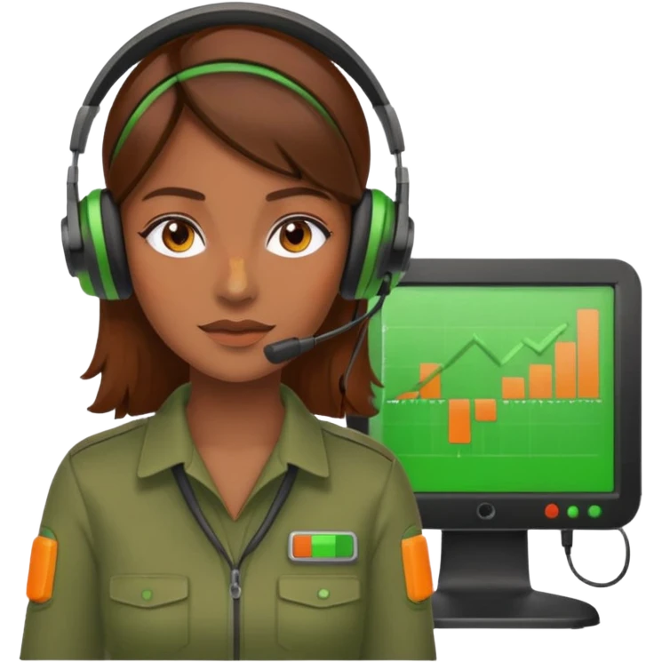 woman, brown hair, wearing a headset. she is controling limits on screen: green = ok, orange = bald überschritten, re = limite überschritten emoji