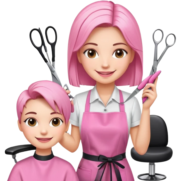 smiling woman client in pink apron sitting in salon chair, female hairstylist smiling behind with scissors emoji