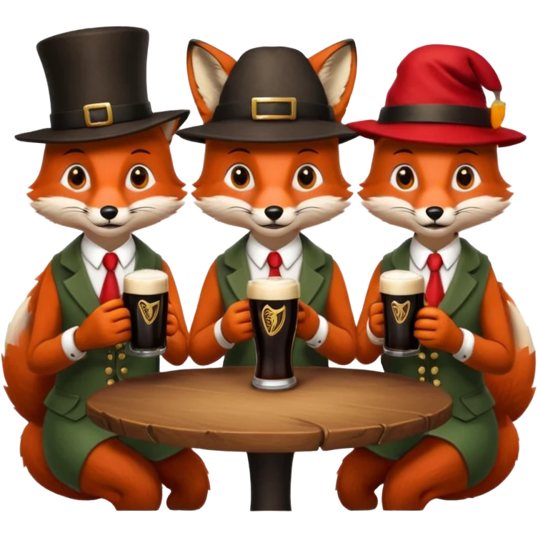 Three foxes sitting at a round table drinking Guinness emoji