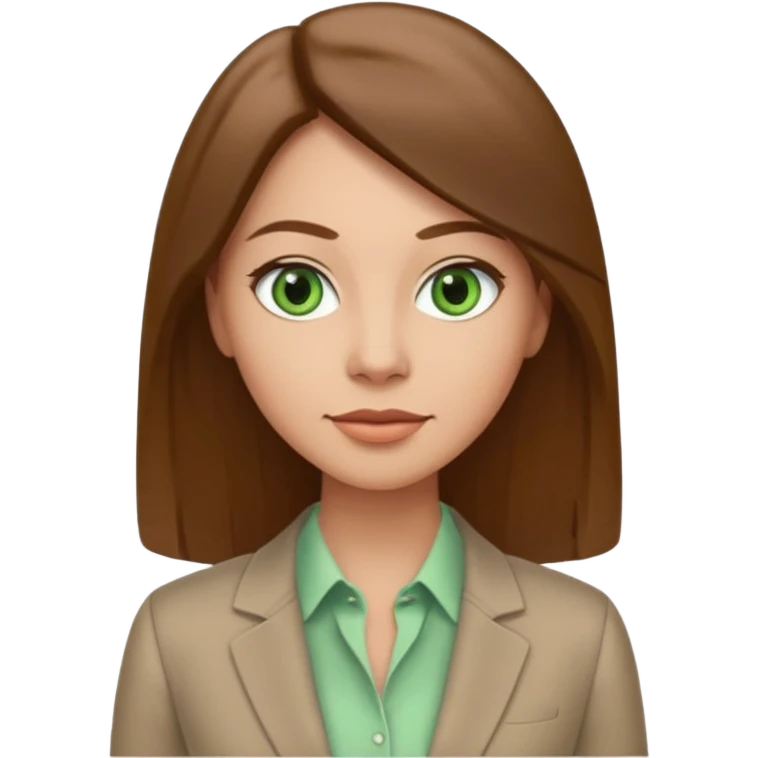 Adult woman avatar, light skin tone, oval face, straight long brown hair, green eyes, neutral mouth, business casual  emoji
