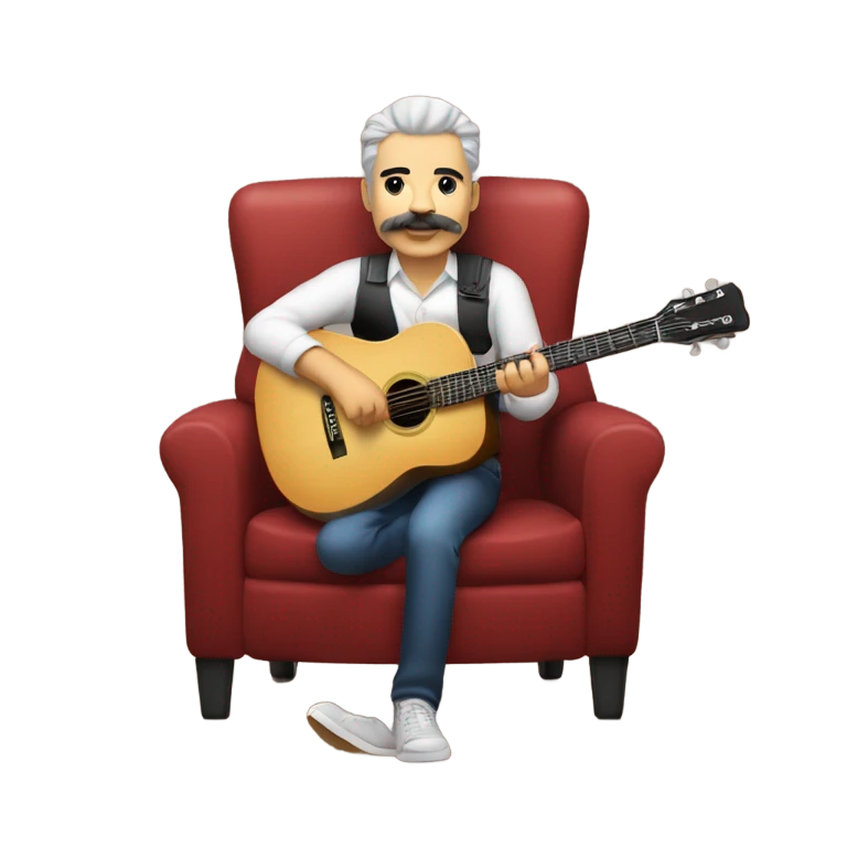 Señor con pelo y bigote blanco tocando guitarra sentado en una silla emoji