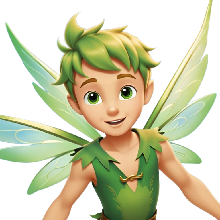 cinematic-realistic-peter-pan-portrait, head tilted dramatically with an exaggeratedly amused expression and sparkling eyes brimming with playful mischief, his iconic outfit rendered in vivid detail with dynamic shadows, soaring through the air. Flying right Next to him is a glowing Tinker Bell, whose delicate wings leave a trail of shimmering pixie dust across a whimsical sky. emoji