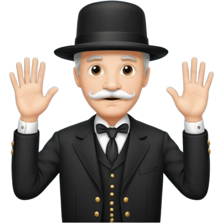 very big white moustachhe and typical 1900 black elegant clothes and hat . politician pose uses hands to speak emoji