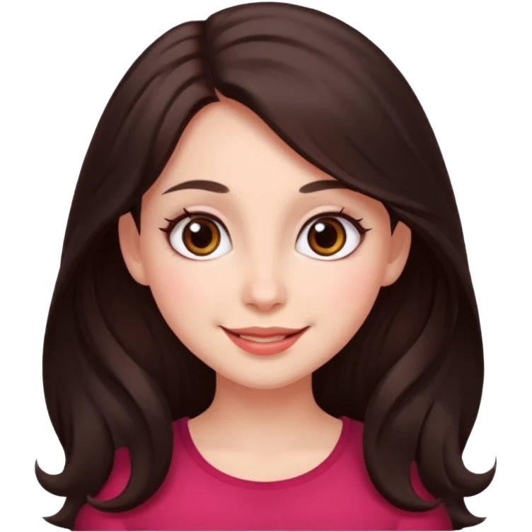 An featuring a woman with dark brown long hair, brown big eyes, light pinkish skin, red cheeks, sweet emoji