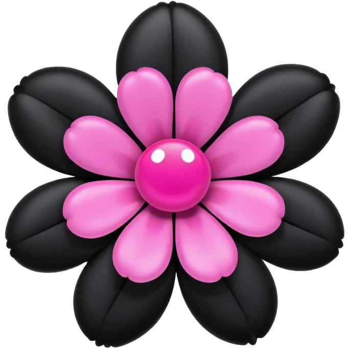 flower, shiny, inflated look, playful, exaggerated features, black and pink emoji