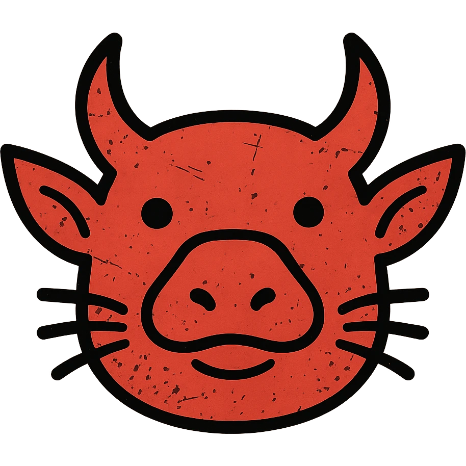 an extremely abstract, minimalist, and worn red icon combining: stoat eyes, minotaur skull horns, frog mouth, elf ears, moth wing textures as cheeks, cat whiskers, platypus bill as nose, and capybara head shape, all merged into one strange chimeric head, with scratched and weathered appearance, incomplete lines, and distressed texture, entirely red emoji