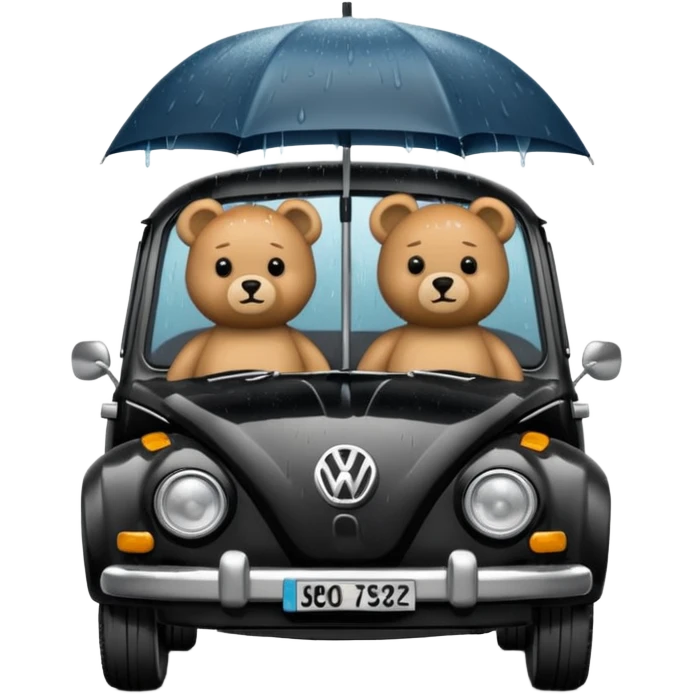 Two teddy bears in black Volkswagen in the rain emoji
