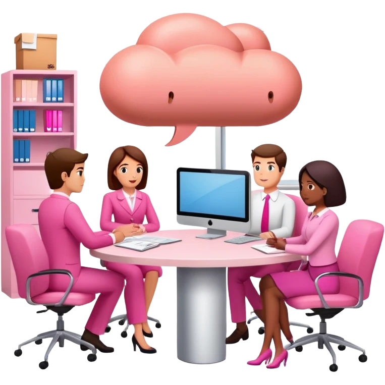 people in pink SPAM office setting with a SPAMGAGE meeting landscape  emoji