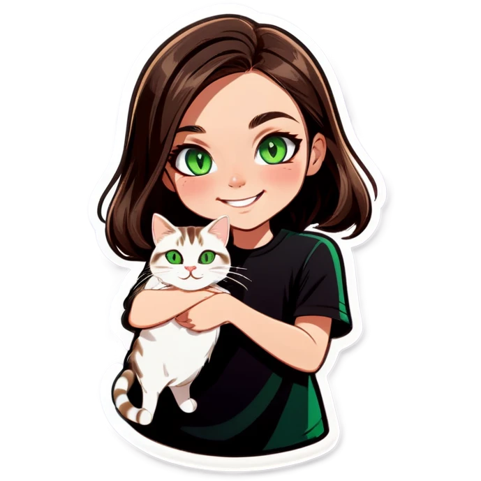 brunette white girl green eyes holding a dark brown white tabby cat smiling emoji