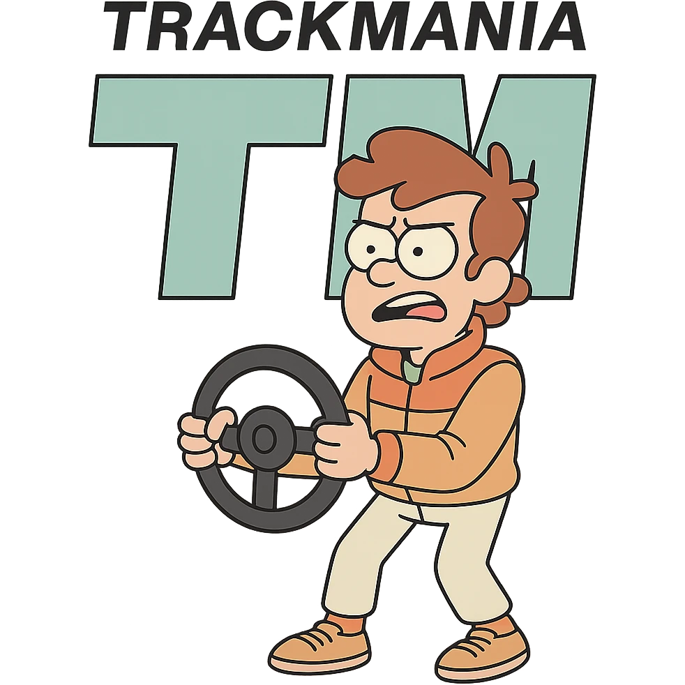 logo with the word 'Trackmania' above a large 'T' and 'M', both split vertically down the middle, modern flat-toon style emoji