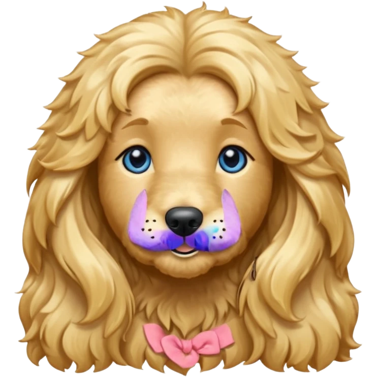 Long, straight, blonde hair, blue eyed woman.   Wavy, blonde goldendoodle emoji