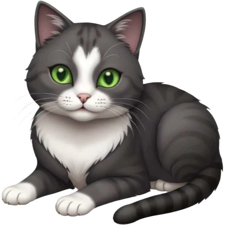beautiful female solid dark grey cat with green eyes, white toes/paws and white patch on her chest rolling over emoji