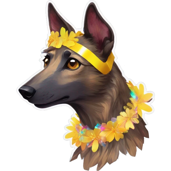  brindle brown black maroon gold lurcher Alsatian fox running blue eyes and iridescent holographic oilslick harness wearing paper iridescent tropical flower crown yellow caution tape emoji