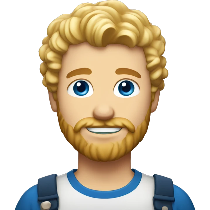 a man with blond curly and short hair, blue eyes, blond beard with a beer emoji