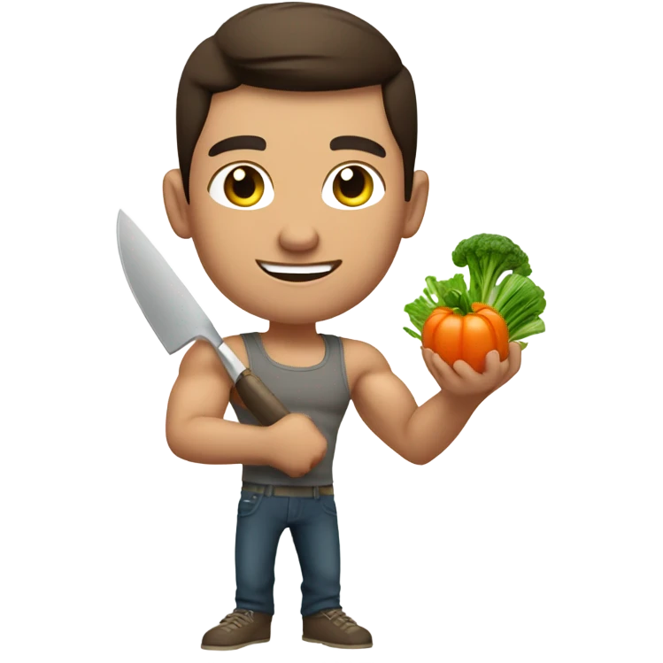 attractive muscular brunette young man using a chopping vegetables emoji