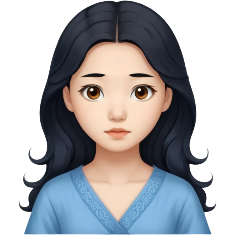 Chinese woman 24 years old, reserved melancholic expression, long wavy black hair, warm brown cautious eyes, pale blue dress emoji
