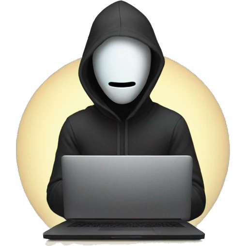hooded man with a laptop wearing a mask with glowing white eyes emoji