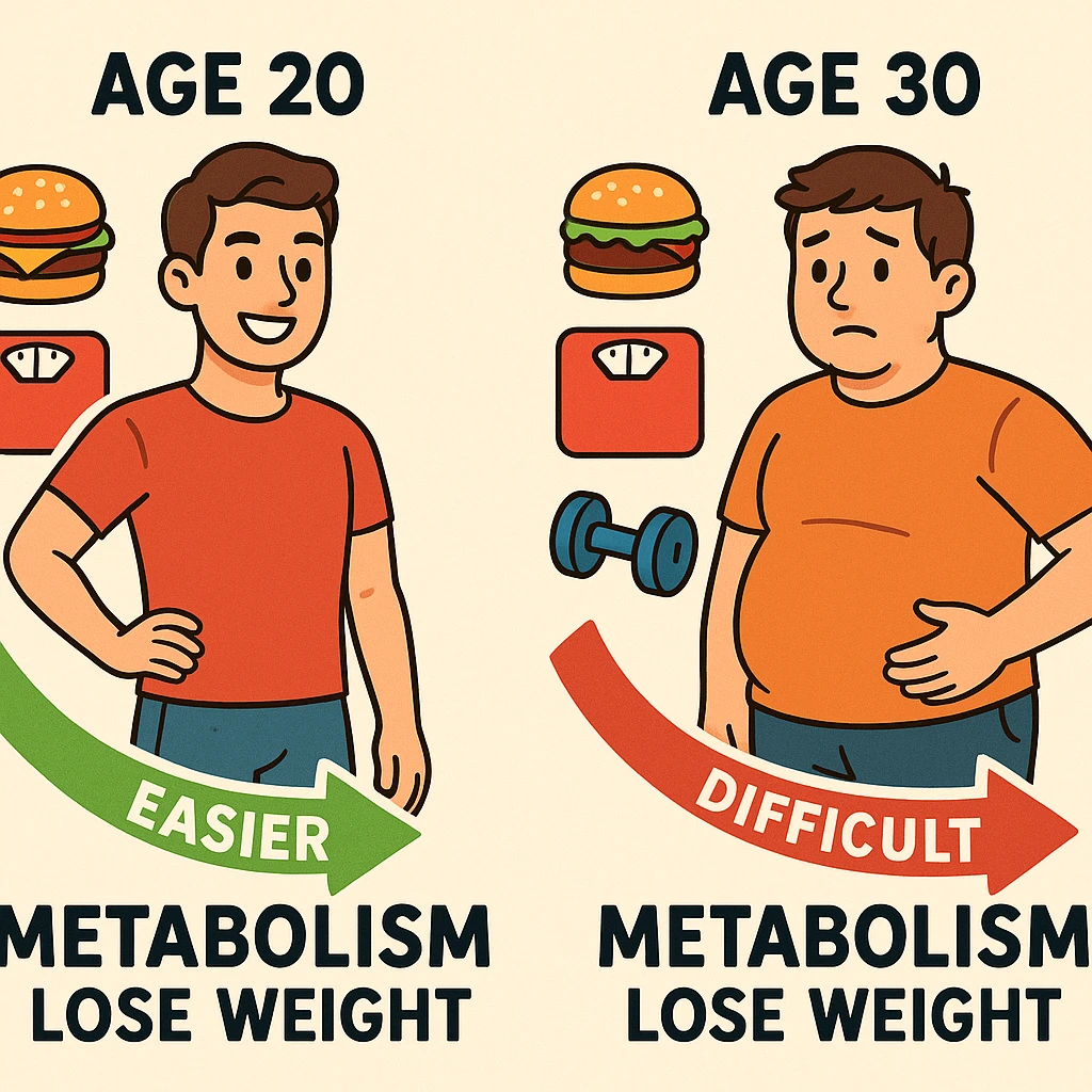 educational illustration comparing metabolism at 20 and 30 years old with arrows showing difficulty losing weight after 30, icons of food, scale, and training, illustrative style, 4K emoji