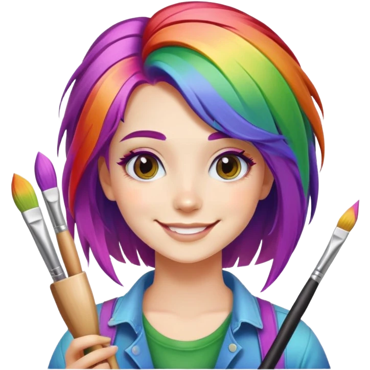 artist-girl with rainbow hair and brushes smiling emoji
