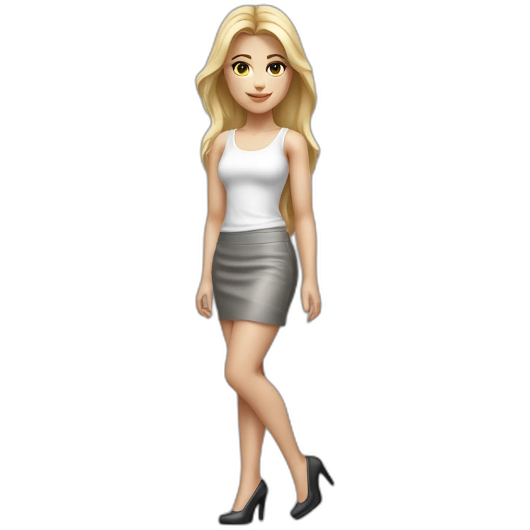 hyperrealist caucasian long blonde haired brown eyed woman white tank top gray tight mini skirt black high heel shoes full body emoji