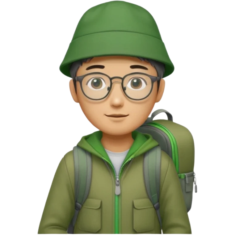A Korean man with rectangle, frameless glasses, he is skinny and tall, wears a green hat and a green zipper and has a grey backpack and carries a dslr camera  emoji