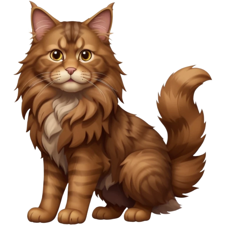 A high-resolution photo-realistic digital illustration of a brown maine coon cat, full body emoji