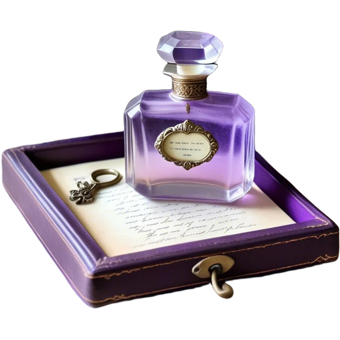 An ornate glass perfume bottle, filled with a delicate violet-hued elixir, rests on a lace-covered vanity tray, surrounded by pressed pansies in shades of lavender, plum, and amethyst, their petals softly curling with time. A worn leather-bound poetry book, its pages kissed with faded lilac ink, lies open beside it, exuding whispers of forgotten verses and fleeting romance emoji