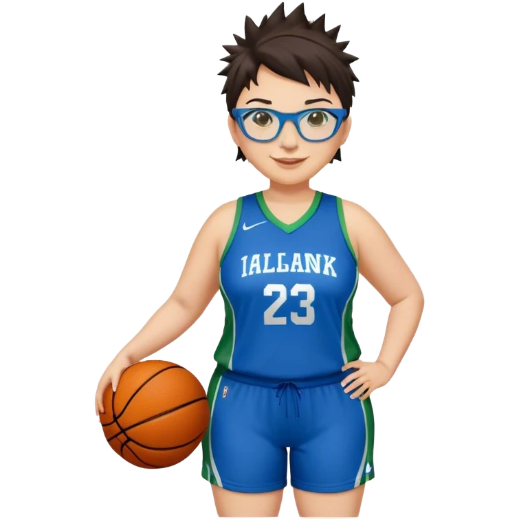 Full Body plus size white female with short dark hair with highlights spike hair wearing blue glasses basketball player wearing blue green uniform smiling emoji