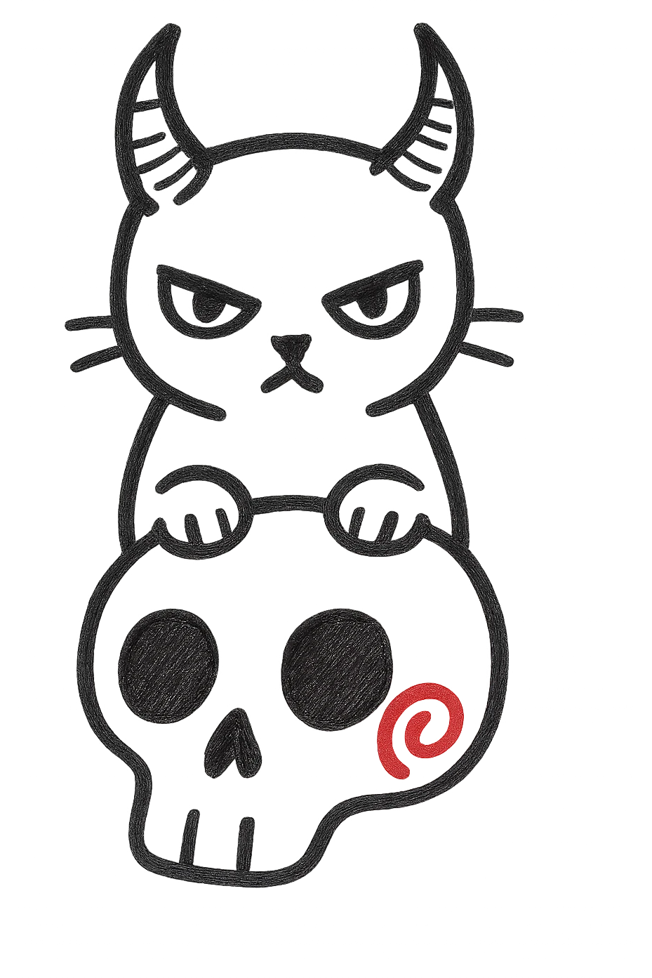 Add a black cat with prominent demon horns, front paws placed on the skull, hand drawn style with sketchy lines, no fill, preserve the red spiral on the cheek, transparent background. emoji