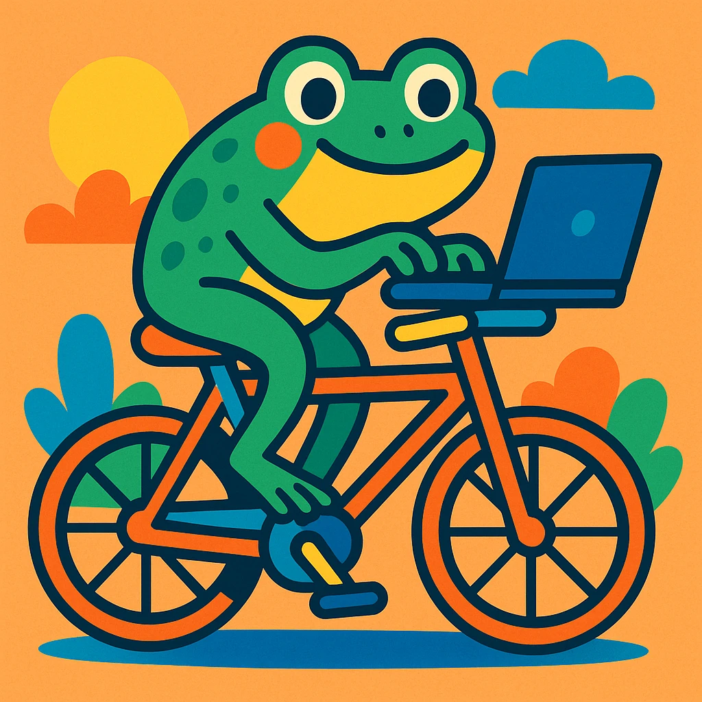a frog riding a bike and typing on a laptop, cartoon style, colorful and playful illustration emoji