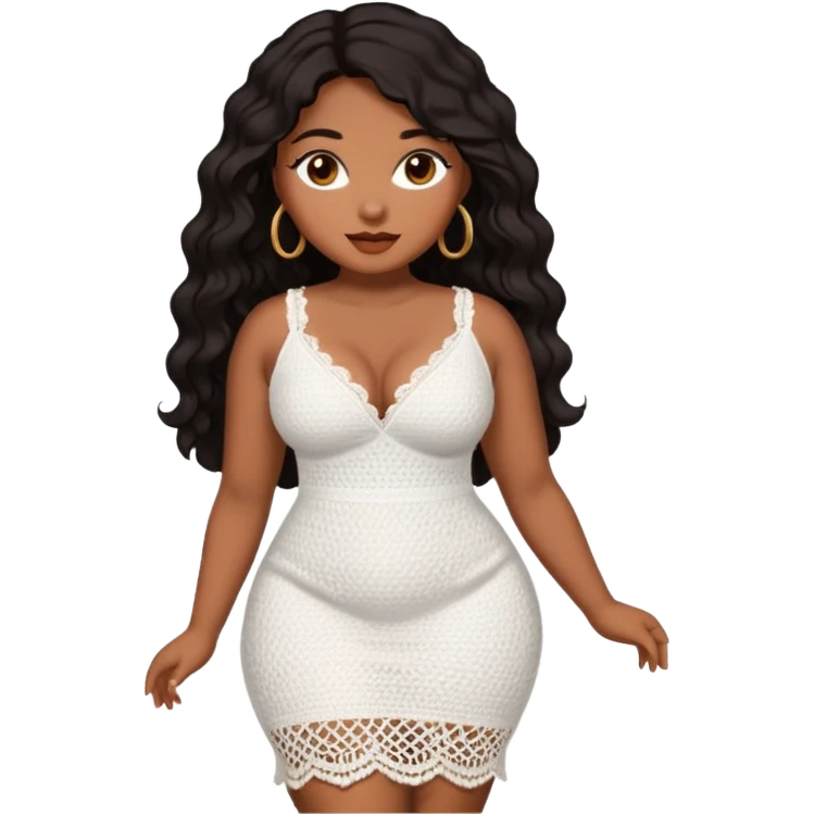 Curvy woman with brown skin with long wavy black hair, brown eyes. She's wearing a white crotchet dress  emoji