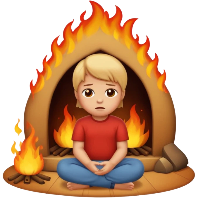 apple style emoji of a small child sitting on the floor, fire nearby, sad face emoji