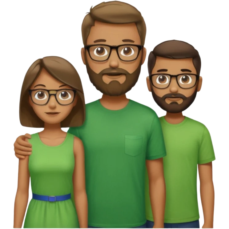 A family consisting of a man who's bearded, tanned, wearing glasses, a woman, slightly tanned, and a 14 year old teenage boy, slightly tanned, wearing a green t-shirt emoji