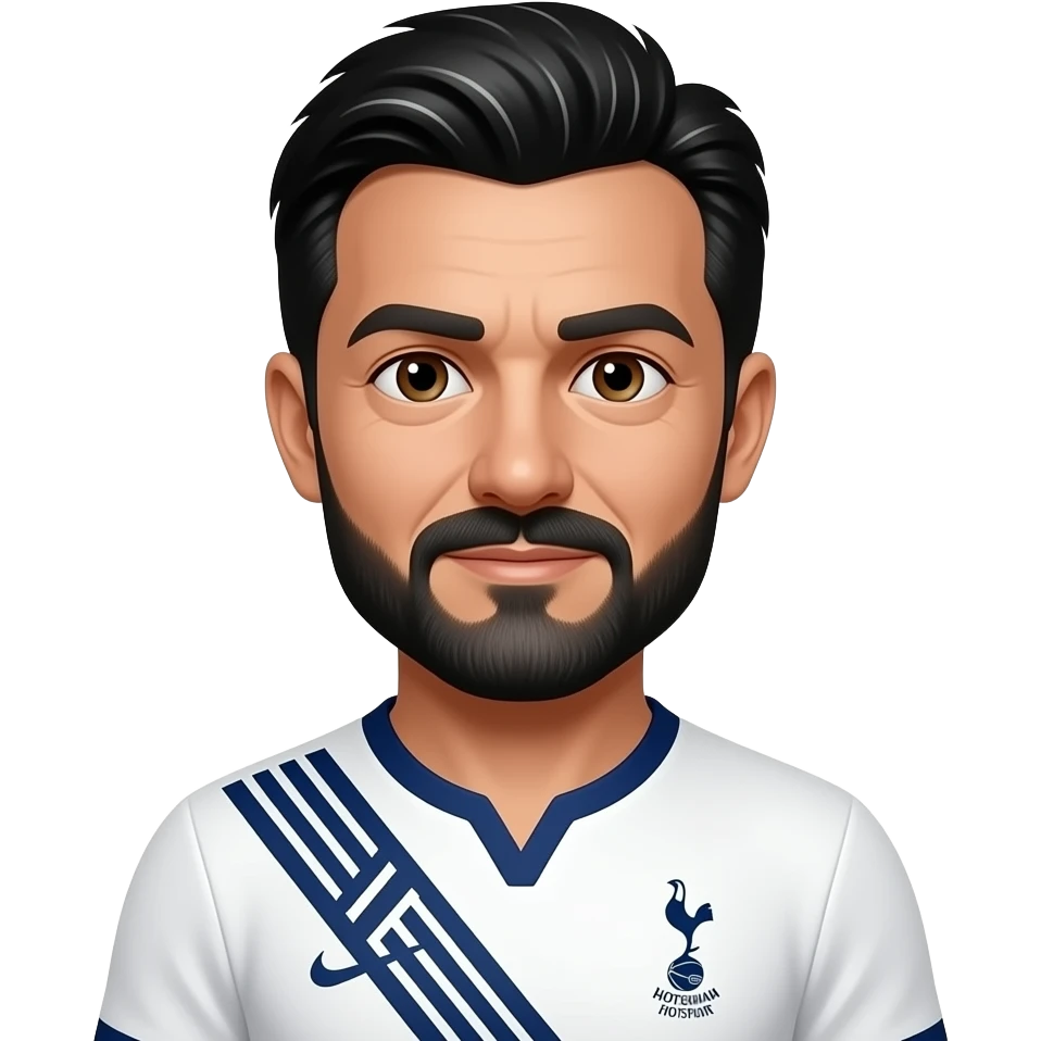 White man in his 50’s with black and white hair - more black than white. Also has a short black and white mustache and beard. Brown eyes. Wearing a Tottenham home jersey . emoji