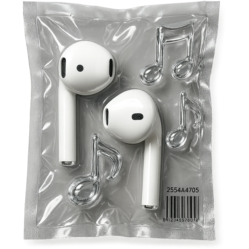 pair of white EarPods with three floating glass music notes in transparent crystal style, shiny and puffy emoji