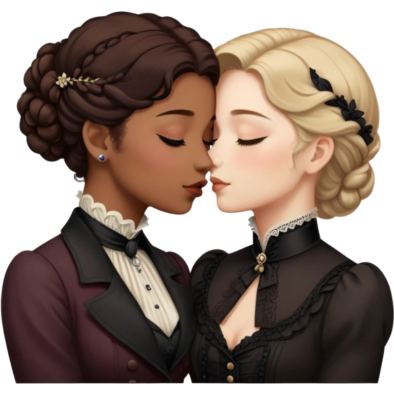 Victorian era lesbian couple kissing tenderly, eyes closed, different hair colors, wearing elegant dark period clothing emoji