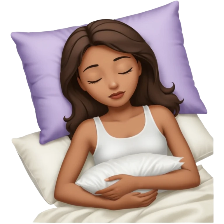 sleeping beauty african american woman with dark brown hair with a white silk pillow, she is sleeping on her side, she is wearing a white tank top emoji