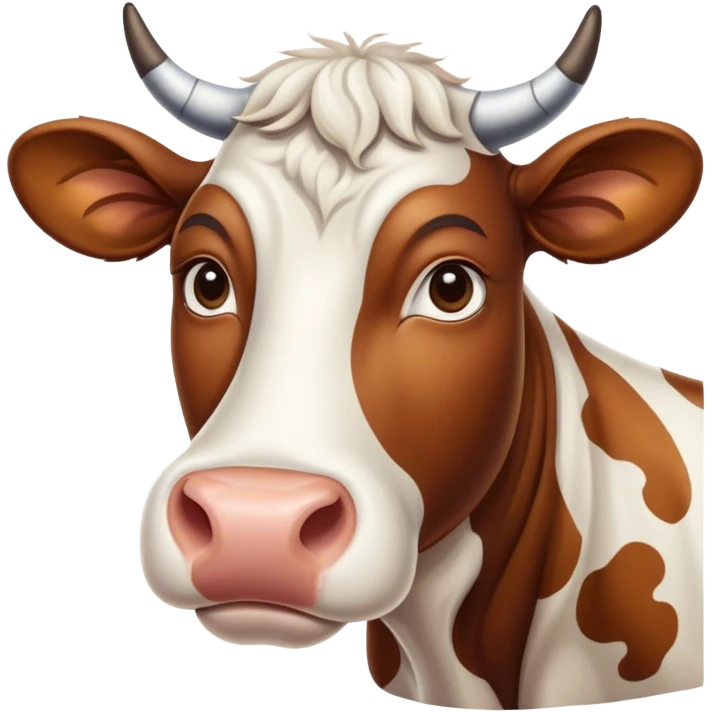 Cinematic Noble Brown and White Cow Portrait Emoji, Poised and regal, with a large, sturdy build and a beautifully patterned hide of rich brown accented by crisp white patches, deep-set soulful brown eyes, Simplified yet sharp and sophisticated features, highly detailed, glowing with a soft, dignified glow, high shine, intelligent and calm, stylized with an air of pastoral majesty, focused and attentive, soft glowing outline, capturing the essence of a watchful and confident bovine guardian, so majestic it feels as though it could amble out of the screen with effortless authority! emoji