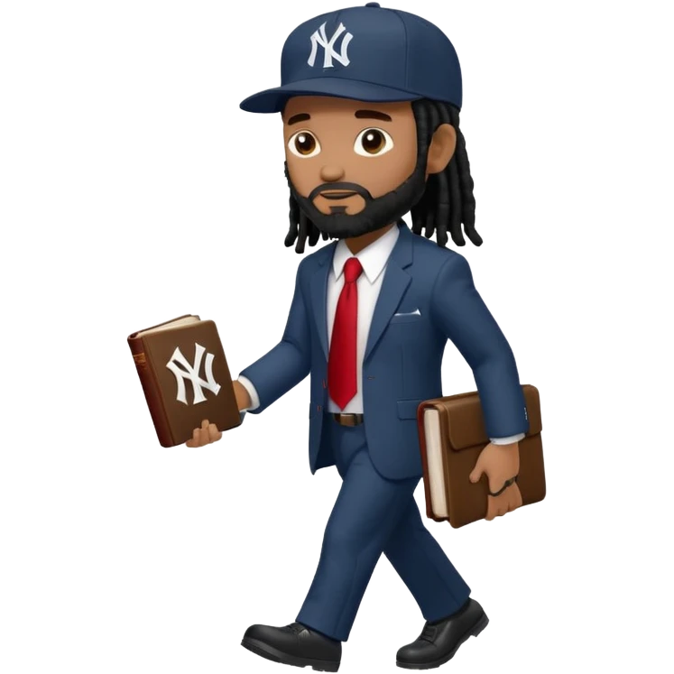 African American man with shoulder length black dreadlocks with black beard wearing a New York Yankees logo baseball cap wearing a suit with red tie walking to the right holding a Holy Bible emoji
