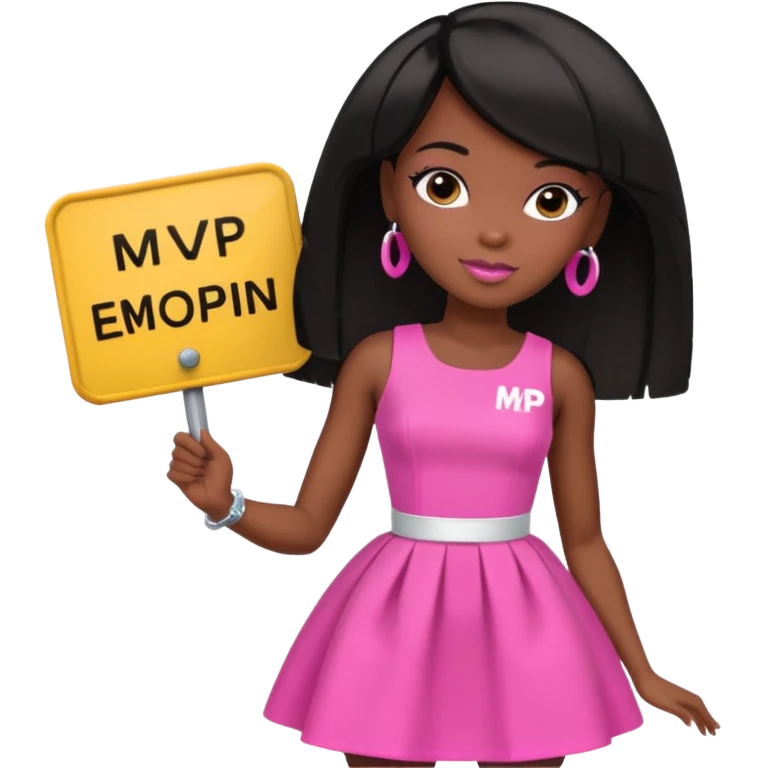 Black barbie, short  black bob  hair, pink dress with a sign that says mvp emoji
