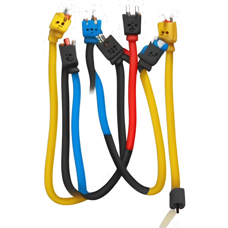  cable electrique, noir cassé, légèrement courbé. Fils : Trois fils colorés (rouge, bleu, jaune) sortent du câble. Effets : Étincelles ou éclairs subtils autour des fils pour suggérer de l'électricité.  emoji